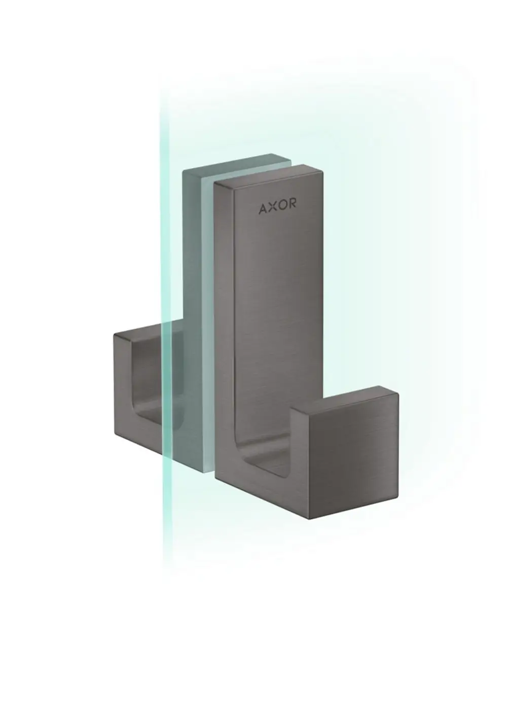 Duschtürgriff aus gebürstetem Schwarzchrom von AXOR, rechteckige Form, montiert an einer Glasscheibe, zeigt eine klare Verbindung zwischen Griff und Oberfläche.